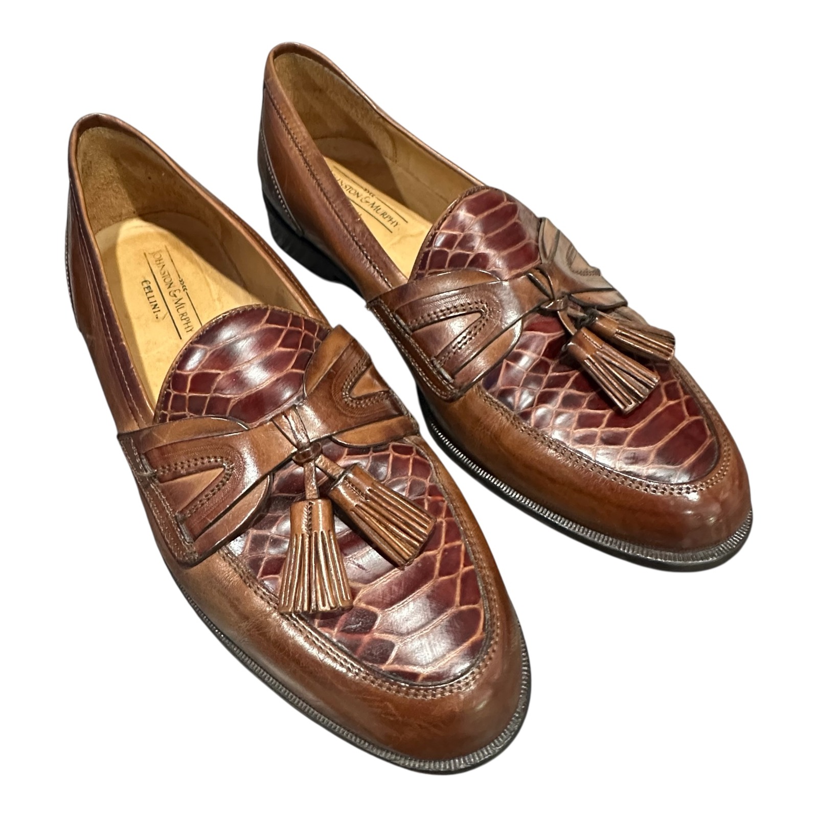 Johnston Murphy Cellini Mens 95m Brown Croc Leather Tassel Loafers Italy
